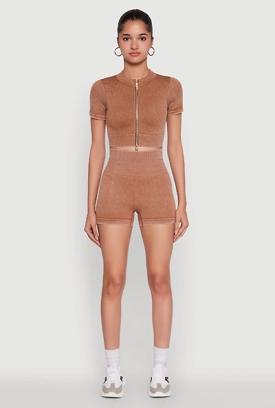 Womens High Waisted Mineral Wash Seamless Bike Shorts, Brown,