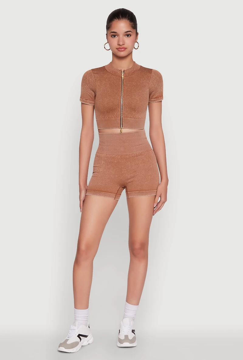 Womens High Waisted Mineral Wash Seamless Bike Shorts, Brown,
