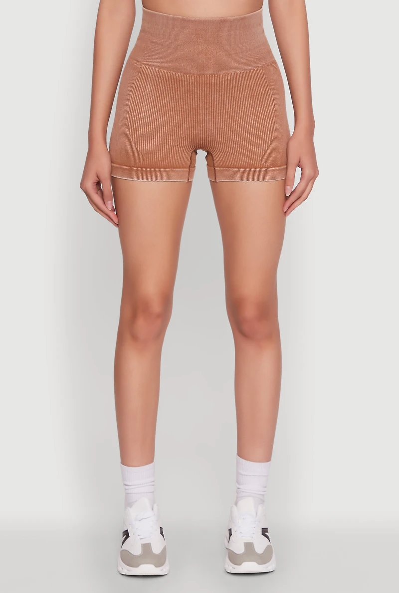 Womens High Waisted Mineral Wash Seamless Bike Shorts, Brown,