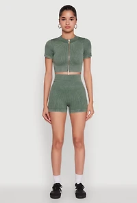 Womens High Waisted Mineral Wash Seamless Bike Shorts, Green, Size S