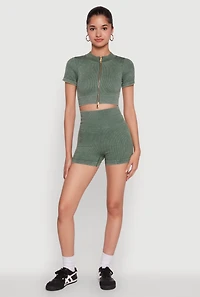 Womens High Waisted Mineral Wash Seamless Bike Shorts, Green, Size S