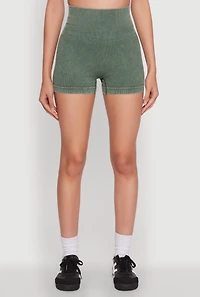 Womens High Waisted Mineral Wash Seamless Bike Shorts, Green, Size S