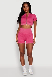 Womens High Waisted Mineral Wash Seamless Bike Shorts, Pink, Size L