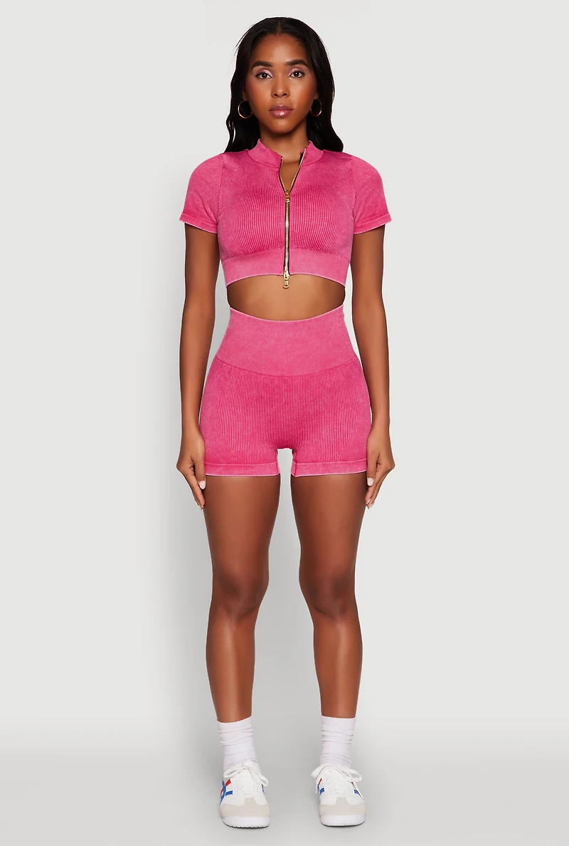 Womens High Waisted Mineral Wash Seamless Bike Shorts, S
