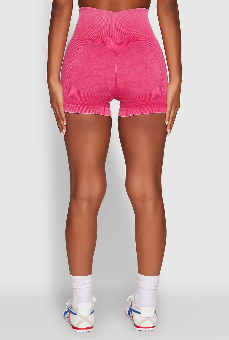 Womens High Waisted Mineral Wash Seamless Bike Shorts, Pink, Size L