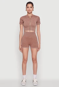 Womens High Waisted Mineral Wash Seamless Bike Shorts, Brown, Size M