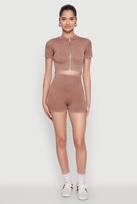 Womens High Waisted Mineral Wash Seamless Bike Shorts, Brown, Size M