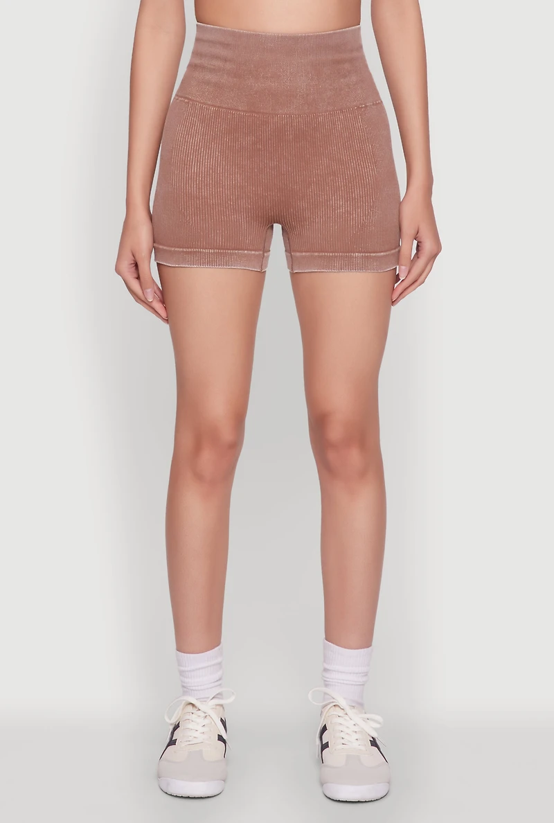 Womens High Waisted Mineral Wash Seamless Bike Shorts, Brown, Size M