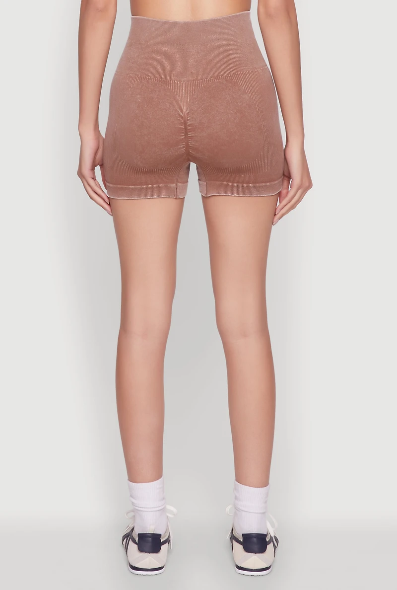 Womens High Waisted Mineral Wash Seamless Bike Shorts, Brown, Size M