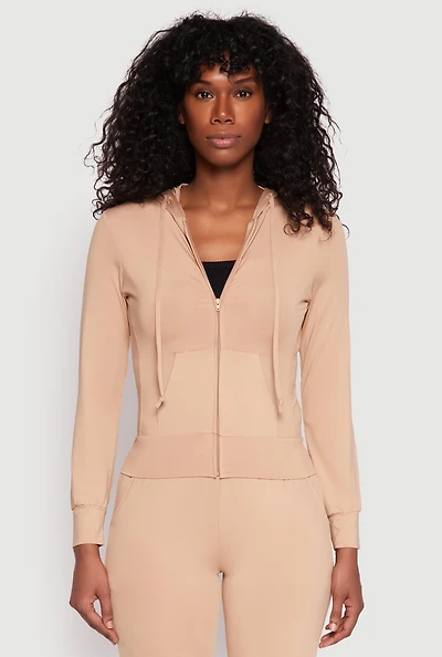 Womens Daisy Soft Knit Front Zip Hoodie, Beige, Size S