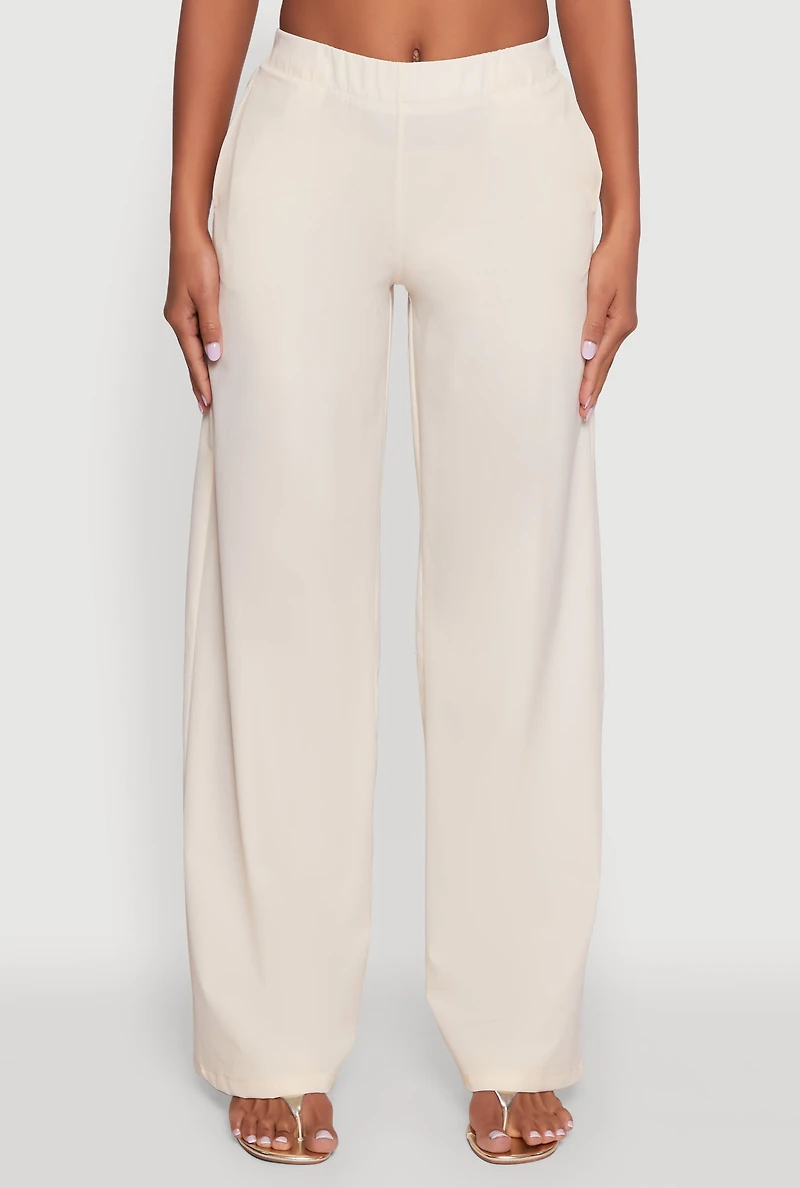 Womens Daisy Nylon High Waisted Wide Leg Pants, Khaki, Size M