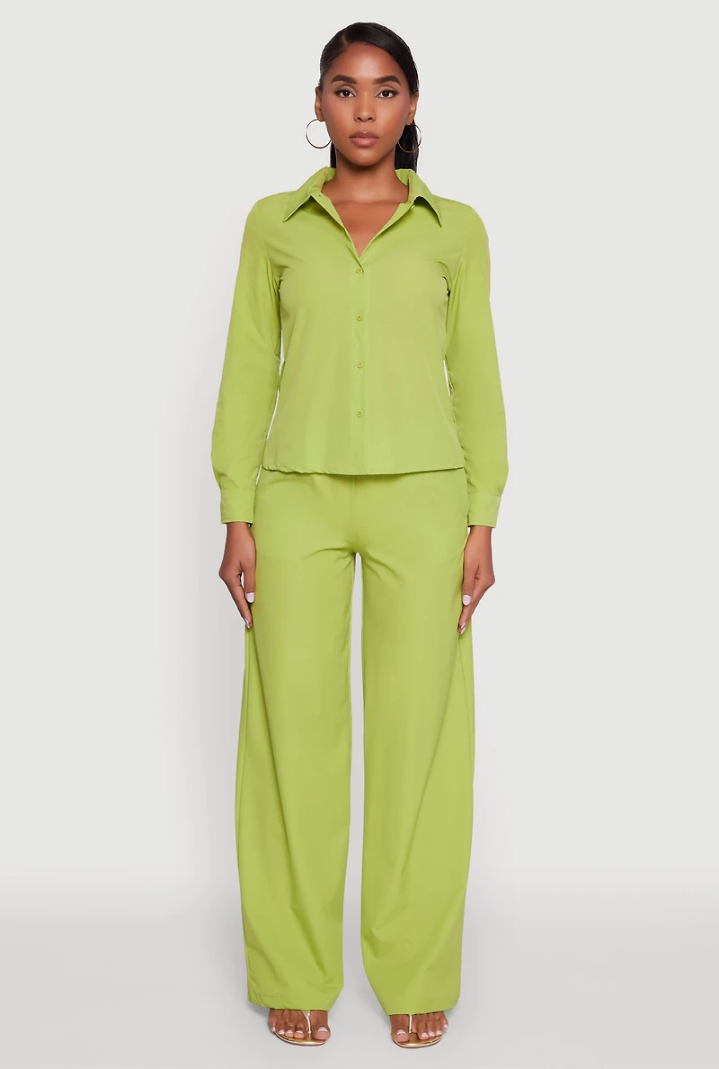 Womens Daisy Nylon High Waisted Wide Leg Pants, Green, Size S