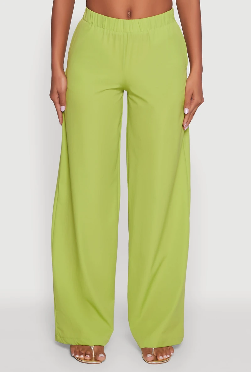 Womens Daisy Nylon High Waisted Wide Leg Pants, Green, Size S