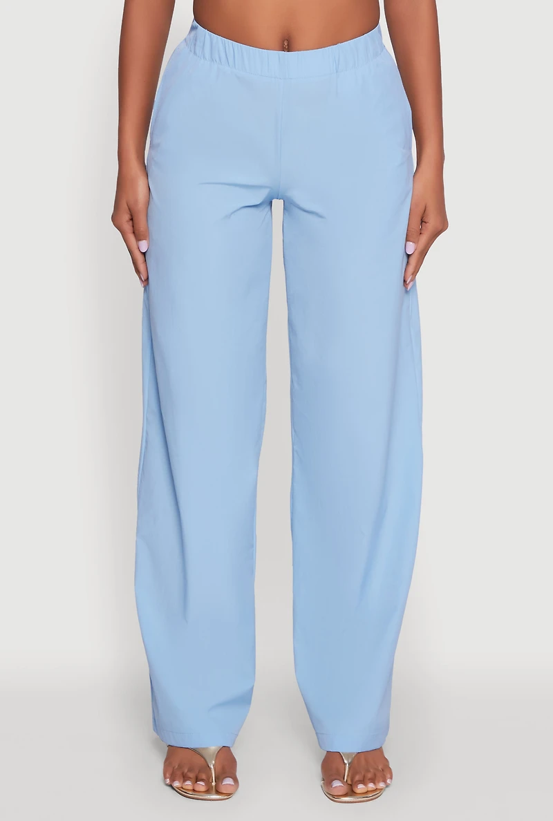 Womens Daisy Nylon High Waisted Wide Leg Pants, Blue, Size M