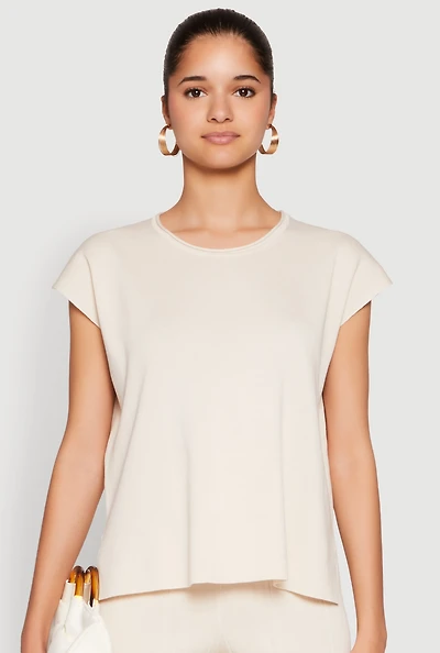 Womens Daisy Knitted Cap Sleeve Blouse, Beige, Size S