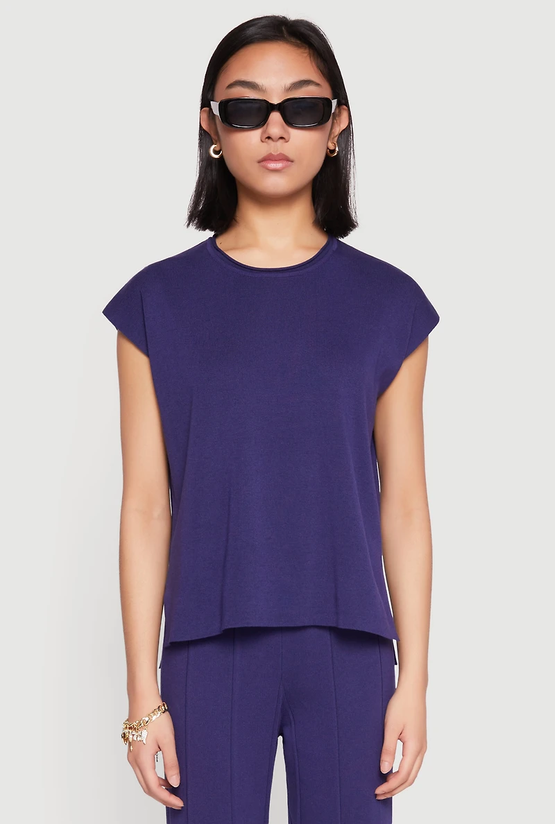Womens Daisy Knitted Cap Sleeve Top, Blue,