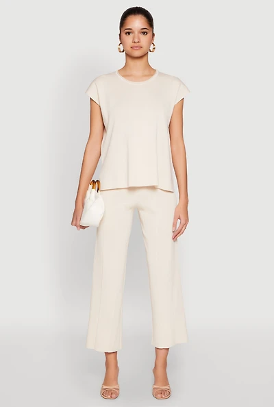 Womens Daisy Knitted Pintuck Pants, Beige, Size XL