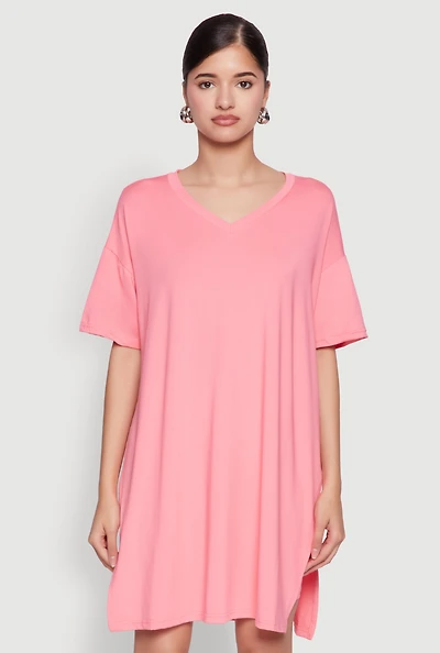 Womens Daisy Short Sleeve Side Slit Oversized Tee, Pink, Size S