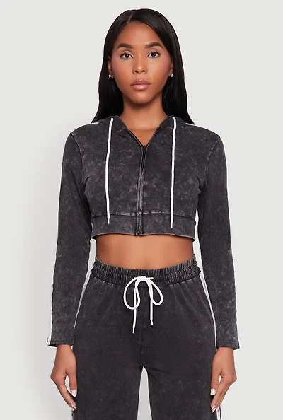 Womens Daisy Mineral Wash Zip Front Cropped Hoodie, L