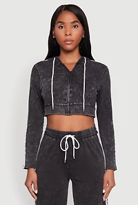 Womens Daisy Mineral Wash Zip Front Cropped Hoodie, L