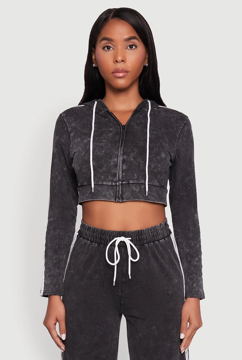 Daisy Mineral Wash Zip Front Cropped Hoodie