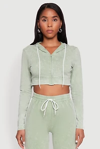 Womens Daisy Mineral Wash Zip Front Cropped Hoodie,