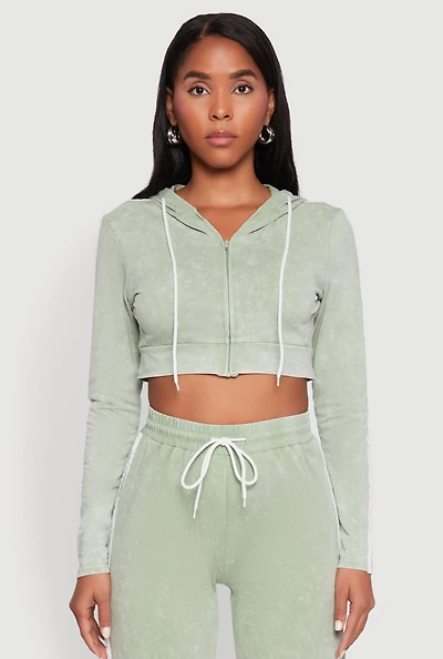 Daisy Mineral Wash Zip Front Cropped Hoodie