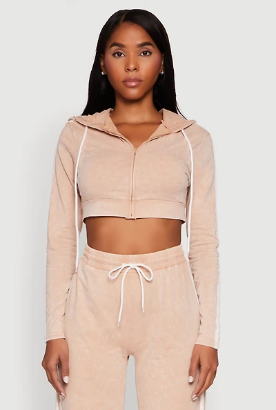 Womens Daisy Mineral Wash Zip Front Cropped Hoodie,