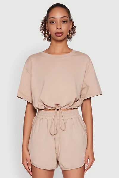 Womens Daisy Short Sleeve Drawstring Hem Crop Top,