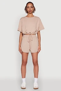 Womens Daisy Short Sleeve Drawstring Hem Crop Top,