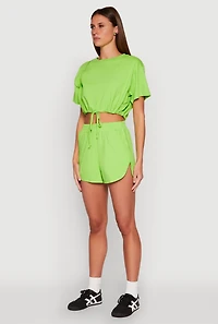 Womens Daisy Short Sleeve Drawstring Hem Crop Top, Green, Size S