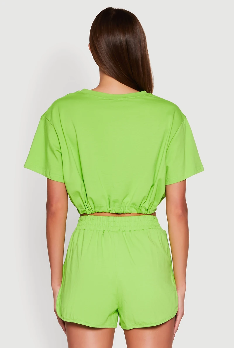 Womens Daisy Short Sleeve Drawstring Hem Crop Top, Green, Size S