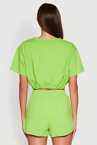 Womens Daisy Short Sleeve Drawstring Hem Crop Top, Green, Size S