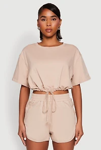 Womens Daisy Short Sleeve Drawstring Hem Crop Top,