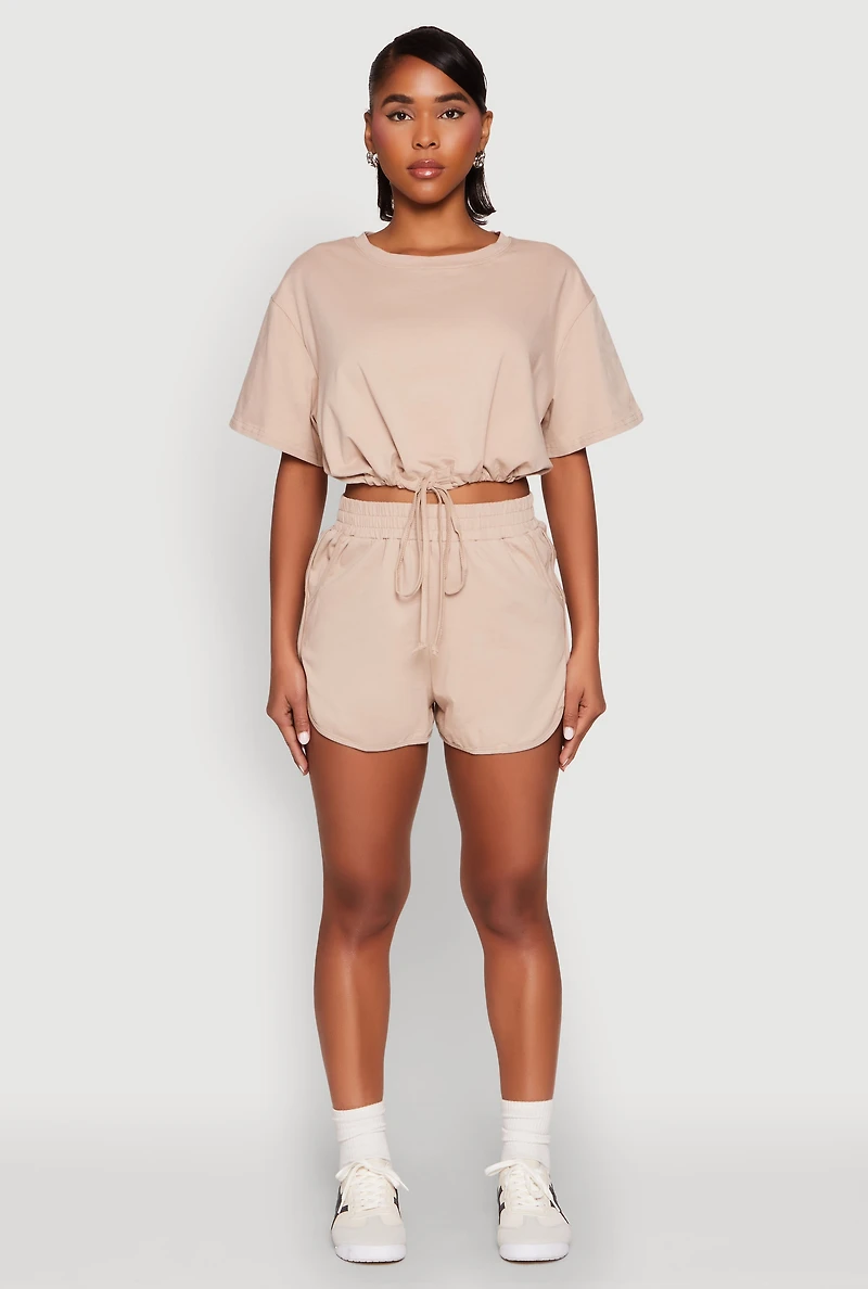 Womens Daisy Short Sleeve Drawstring Hem Crop Top,