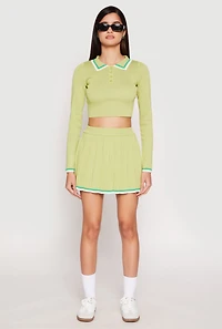 Womens Daisy Knit Varsity Stripe Pleated Skort, Green,