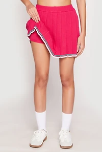 Womens Daisy Knit Varsity Stripe Pleated Skort, Pink, Size L