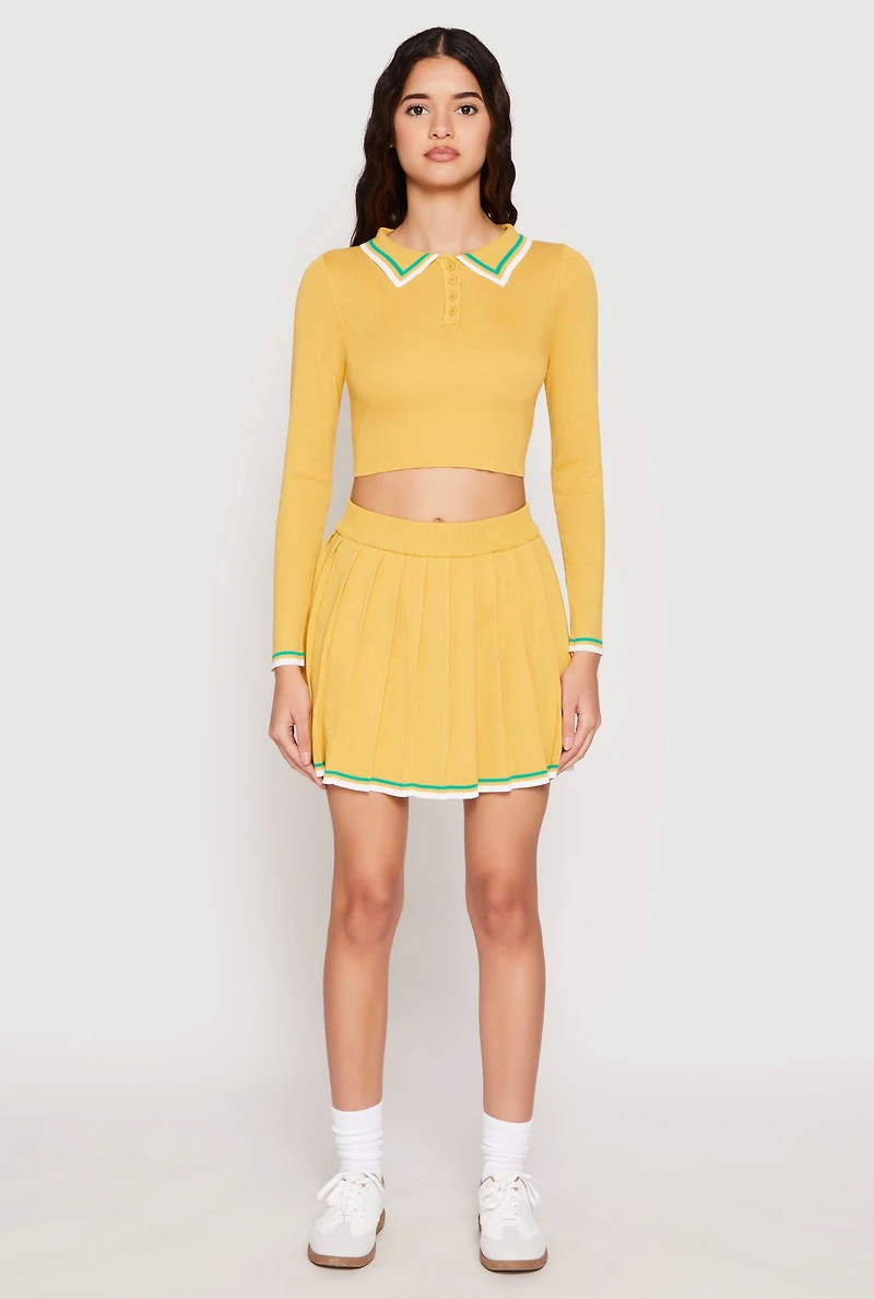 Womens Daisy Knit Varsity Stripe Pleated Skort, Yellow, Size S