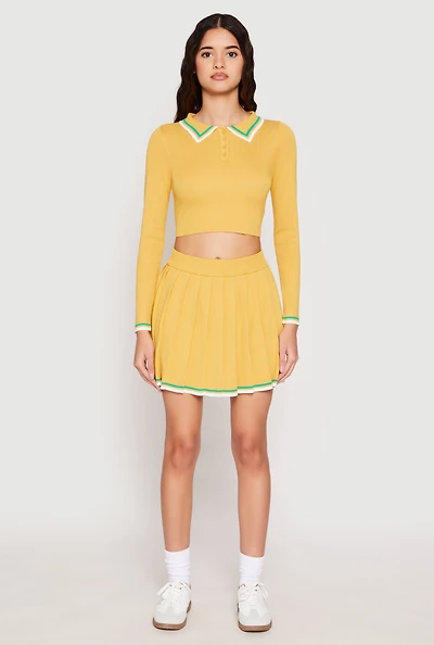 Womens Daisy Knit Varsity Stripe Pleated Skort, Yellow, Size S