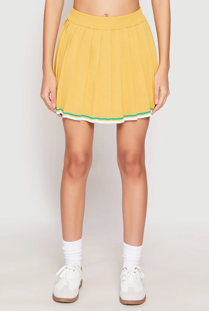 Womens Daisy Knit Varsity Stripe Pleated Skort, Yellow, Size M