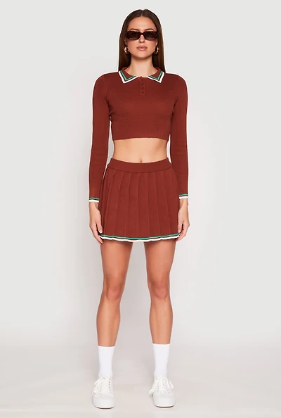 Womens Daisy Knit Varsity Stripe Pleated Skort, Brown, Size M