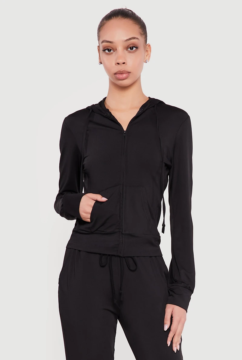 Zip Front Drawstring Hooded Track Jacket