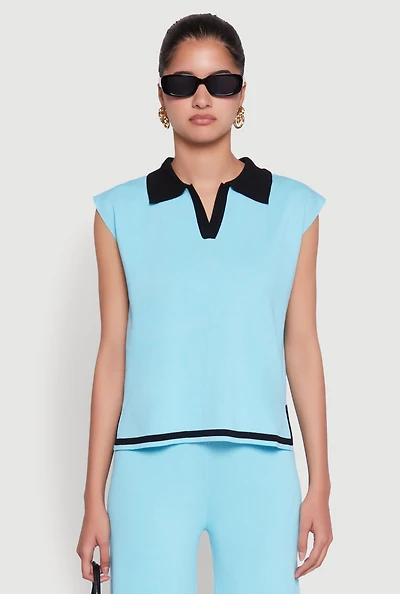 Womens Daisy Contrast Trim Cap Sleeve Blouse, Blue, Size S