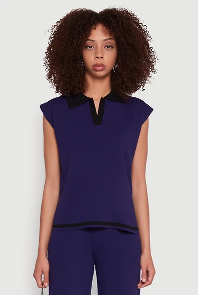 Womens Daisy Contrast Trim Cap Sleeve Blouse, Blue, Size S