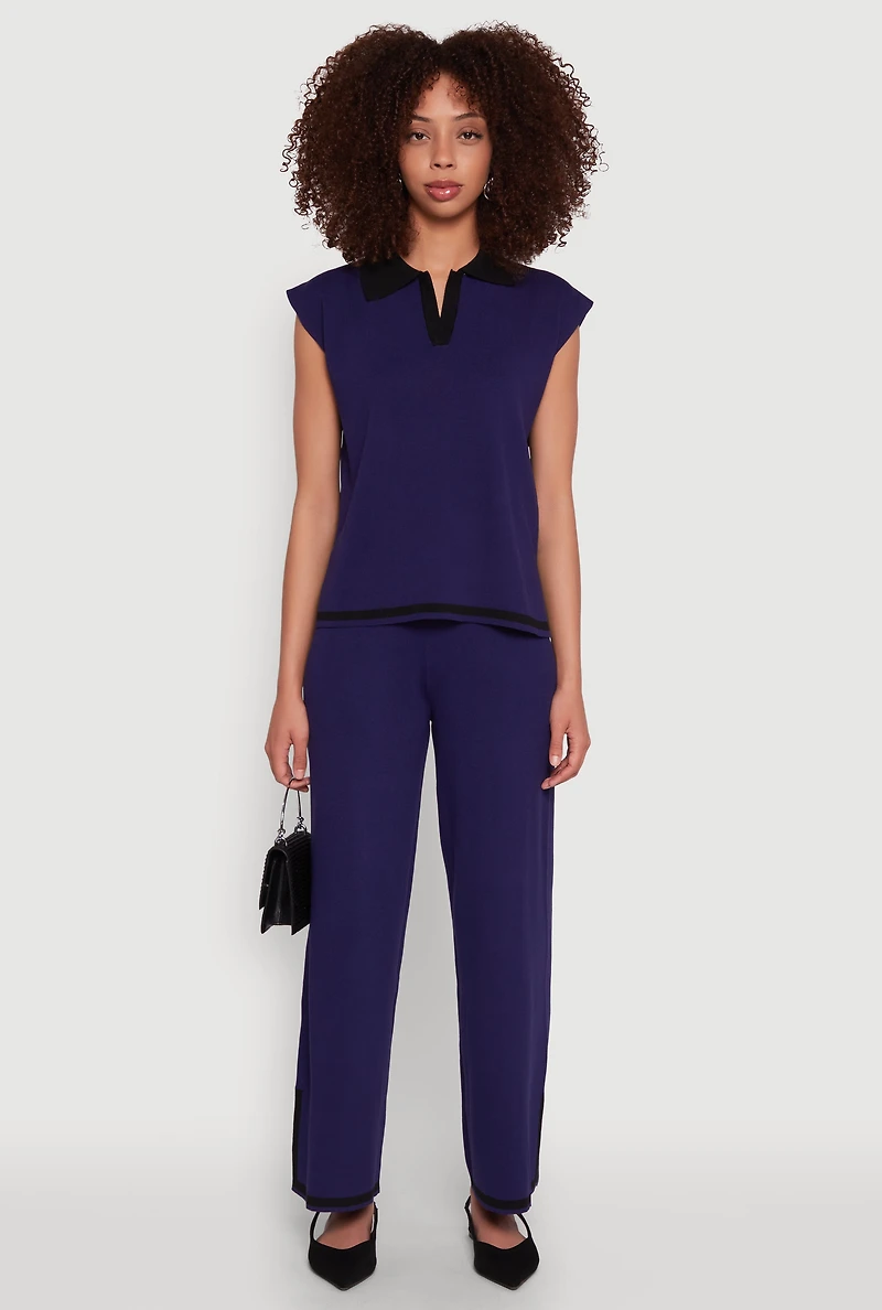 Womens Daisy Contrast Trim Cap Sleeve Blouse, Blue,