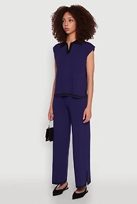Womens Daisy Contrast Trim Cap Sleeve Blouse, Blue,