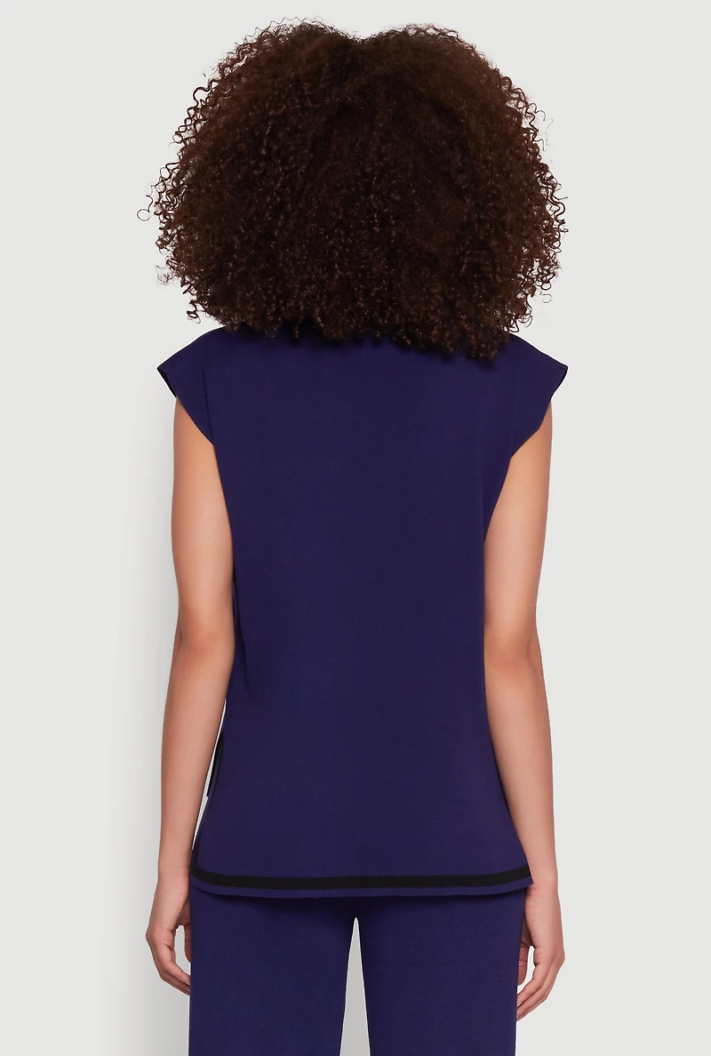 Womens Daisy Contrast Trim Cap Sleeve Blouse, Blue,
