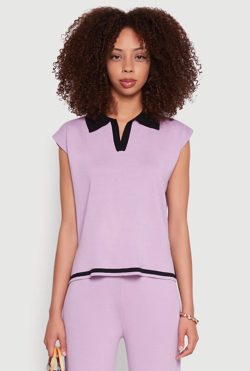 Womens Daisy Contrast Trim Cap Sleeve Blouse, Purple, Size S