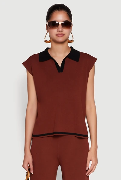 Womens Daisy Contrast Trim Cap Sleeve Blouse, Brown, Size S