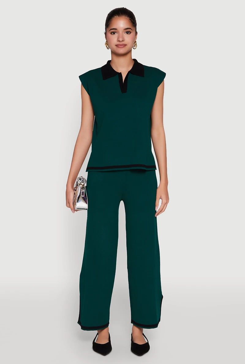 Womens Daisy Contrast Trim Wide Leg Pants, Green, Size S